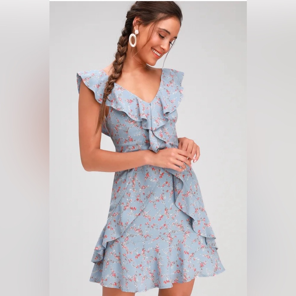 Lulus Radiant Rosa Light Blue Floral Print Ruffled Mini Dress